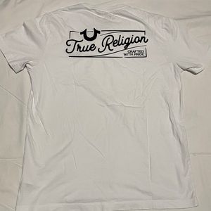 Men’s true religion medium shirt white and black print, design on back